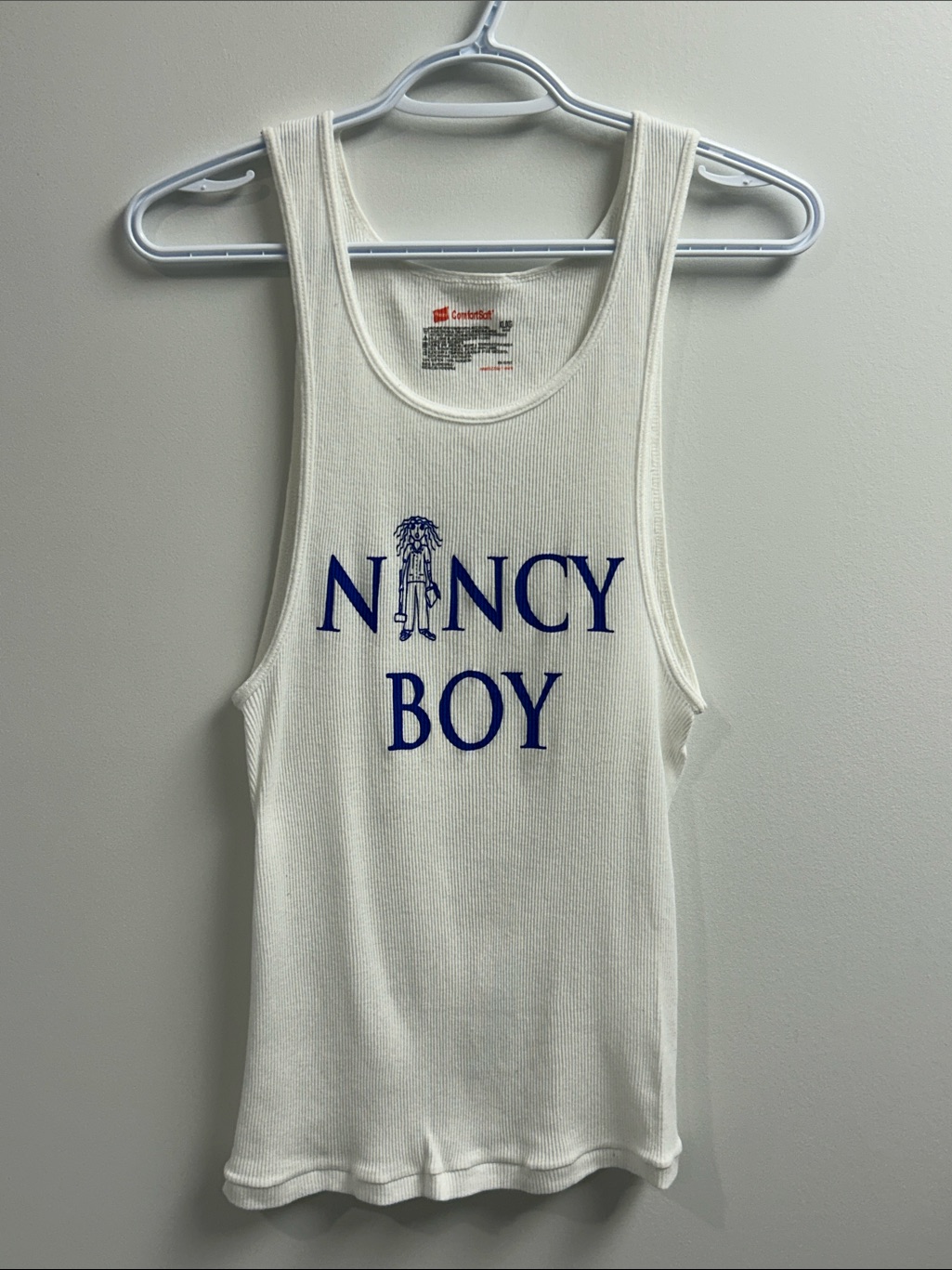Nightmare On Elm Street “Nancy Boy” White Ribbed Tank With Blue Nancy Graphic